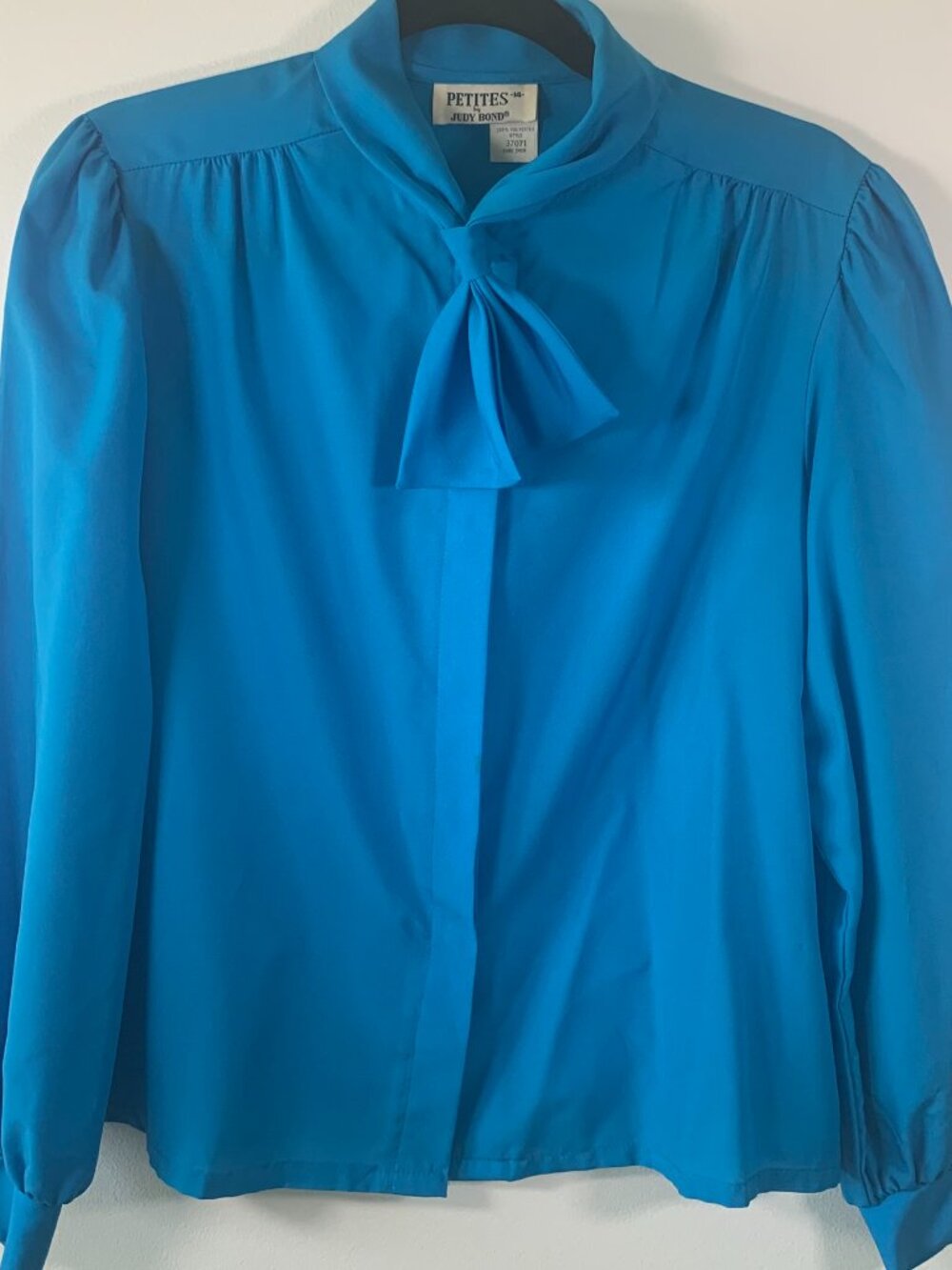 Judy Bond Vintage Bow Tie Collar Button Up Blouse Size 14 Petite Blue